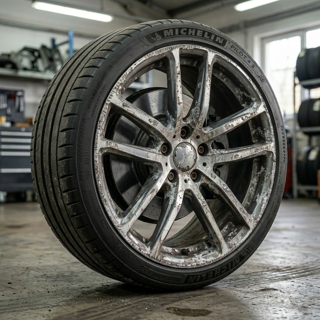 Kerbed and corroded diamond cut wheel before refurbishment